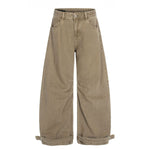 Adjustable Cuffs High Waist Wide Leg Beige Cargos