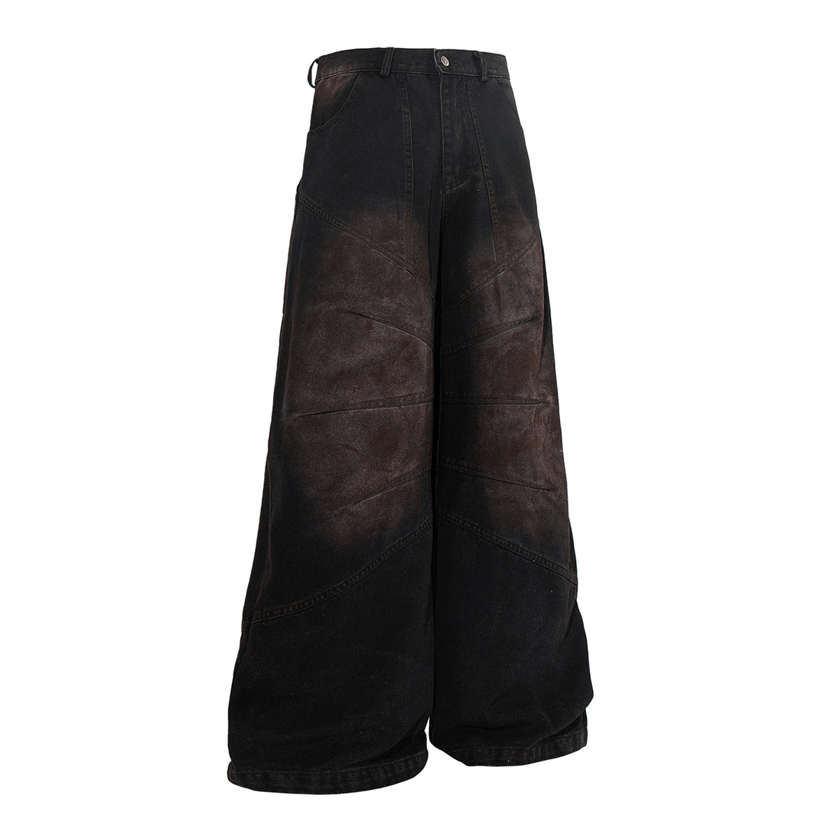 Artistic Brown Fade Geometric Stitching Black Denim Wide Leg Jeans