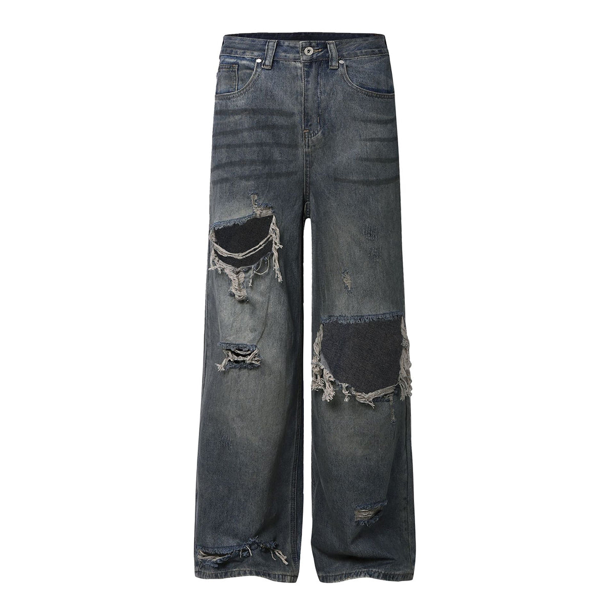 High Street Vintage Washed Raw Denim Wide Leg Ripped Patchwork Jeans