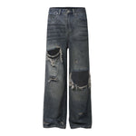 High Street Vintage Washed Raw Denim Wide Leg Ripped Patchwork Jeans
