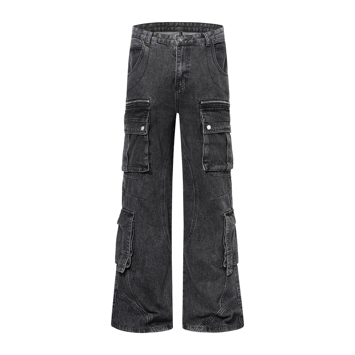 Black Zipper Detail Techwear Utility Denim Cargo Pants