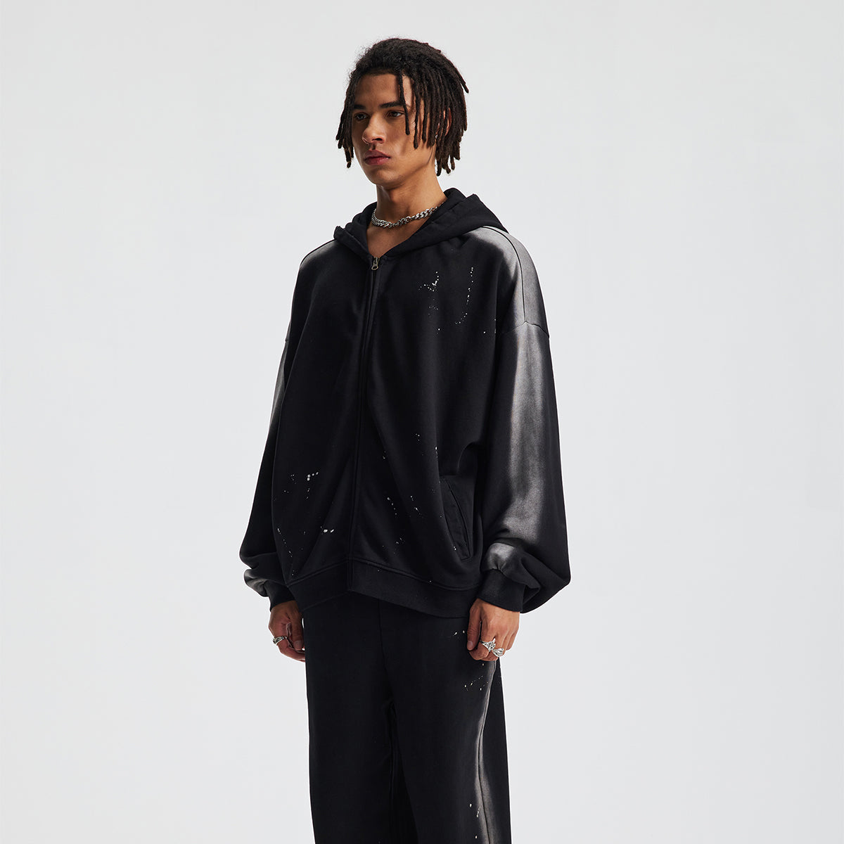 Distressed Paint Splatter Zippered Hoodie