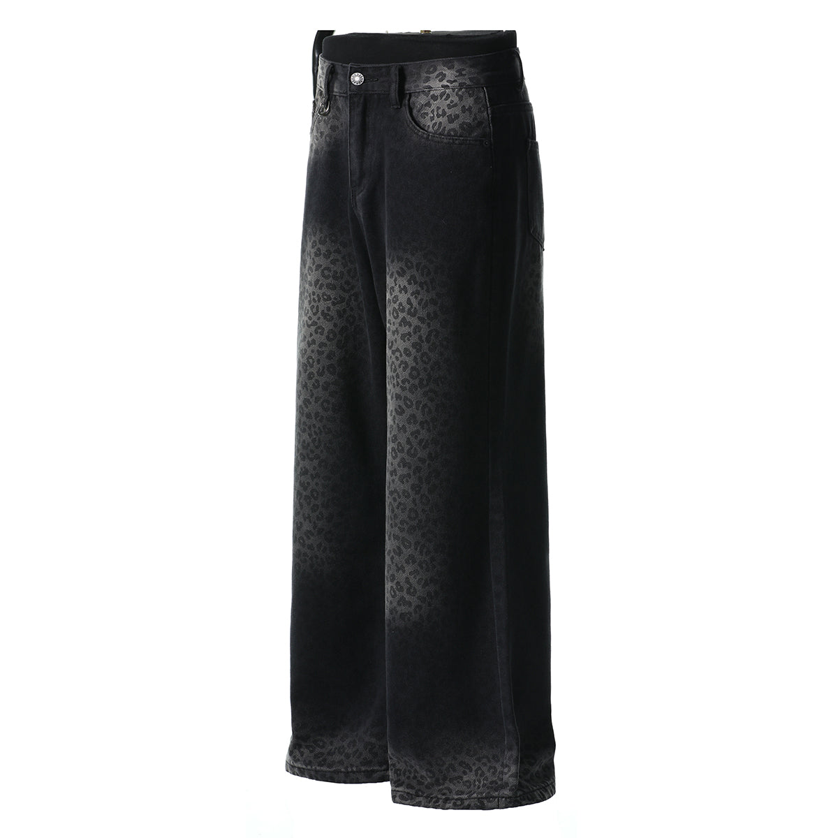 Black Wash Leopard-Print Wide-Leg Jeans