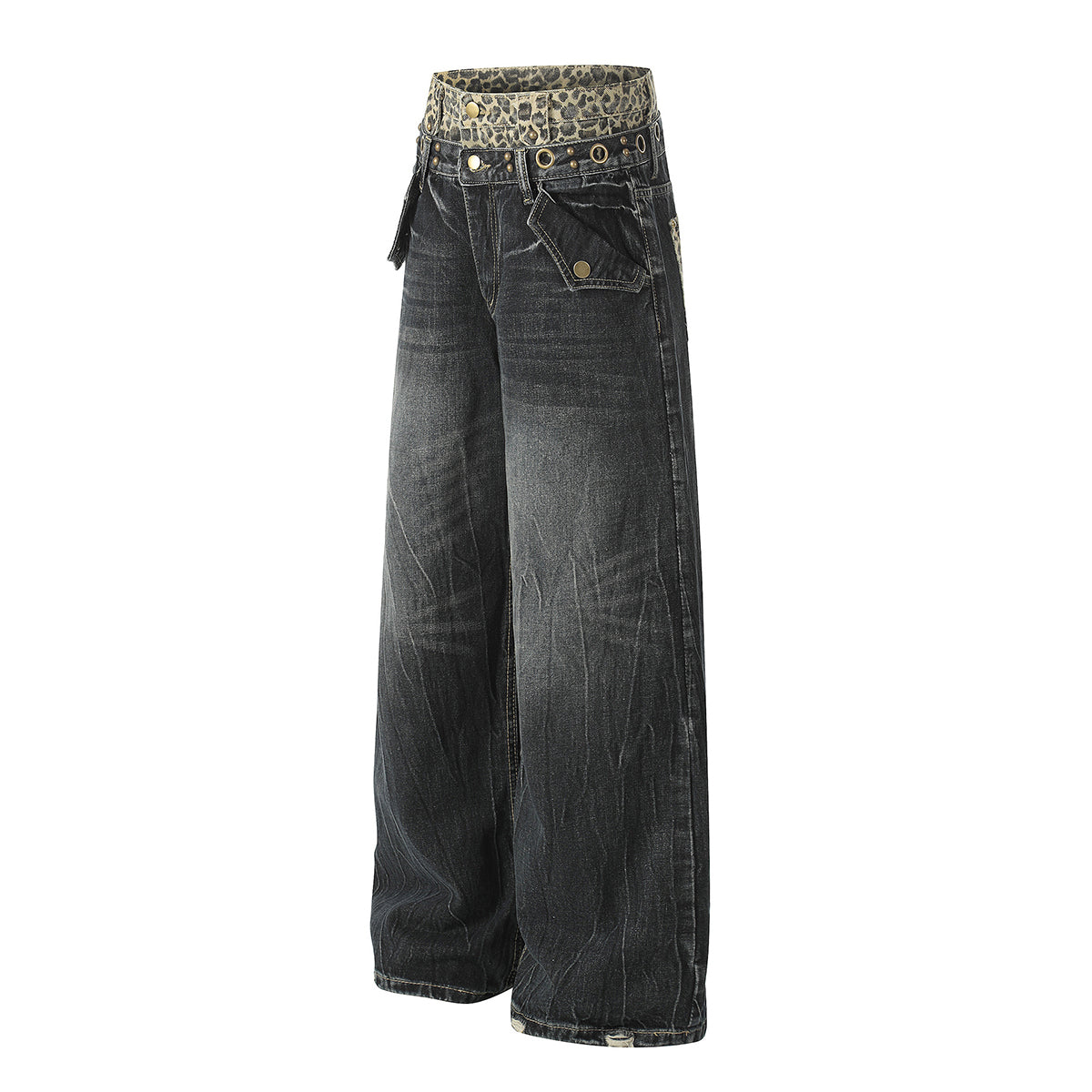 Wide Leg Denim Pants Leopard Print Waistband Stud Accents