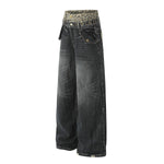 Wide Leg Denim Pants Leopard Print Waistband Stud Accents
