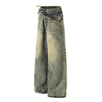 Distressed Wide Leg Denim Pants Asymmetrical Layered Waist