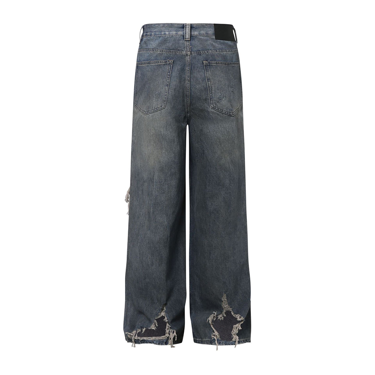 High Street Vintage Washed Raw Denim Wide Leg Ripped Patchwork Jeans