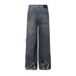 High Street Vintage Washed Raw Denim Wide Leg Ripped Patchwork Jeans