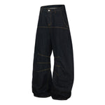 Premium Raw Denim Panel Stitch Wide-Leg Jeans