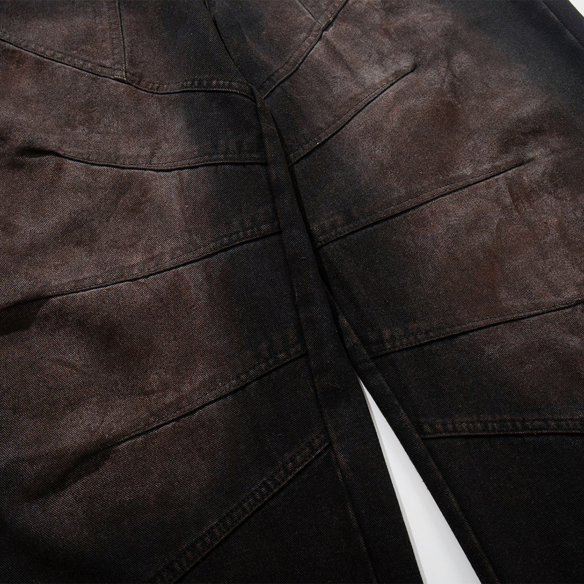 Artistic Brown Fade Geometric Stitching Black Denim Wide Leg Jeans