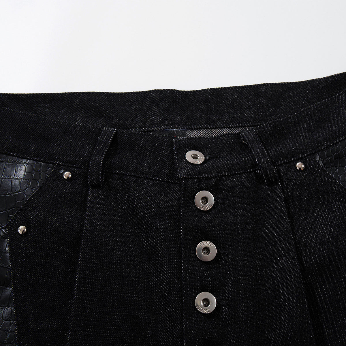 Croc Textured Panels Edgy Black Denim Wide Leg Jeans