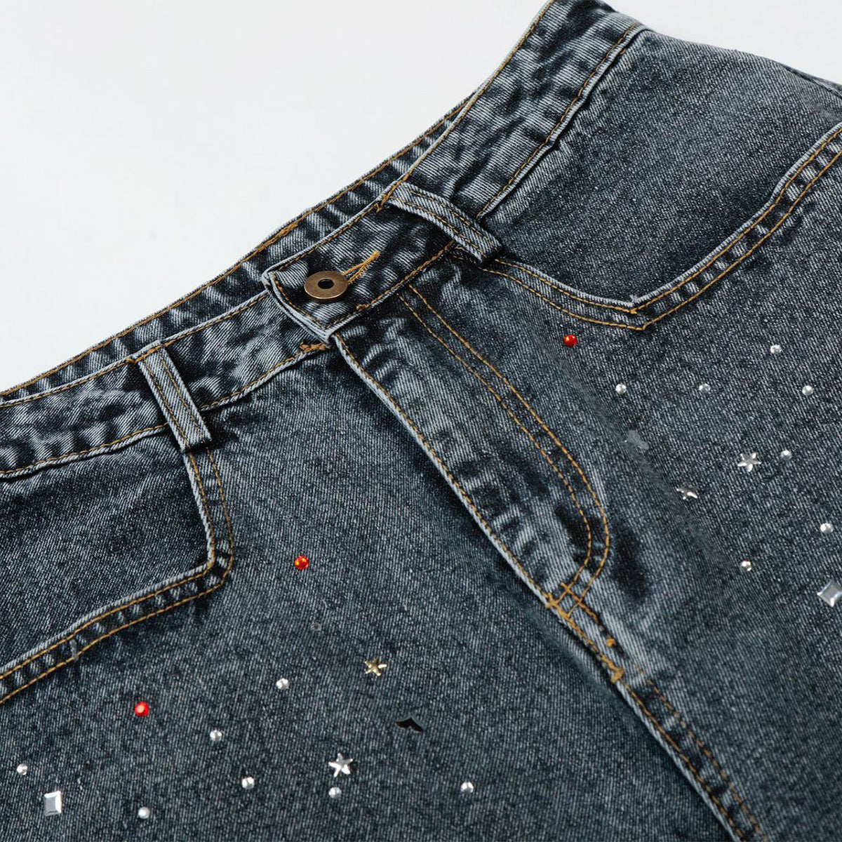 Starry Denim Bermuda Shorts Distressed Wash Colorful Accents