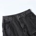 Black Zipper Detail Techwear Utility Denim Cargo Pants