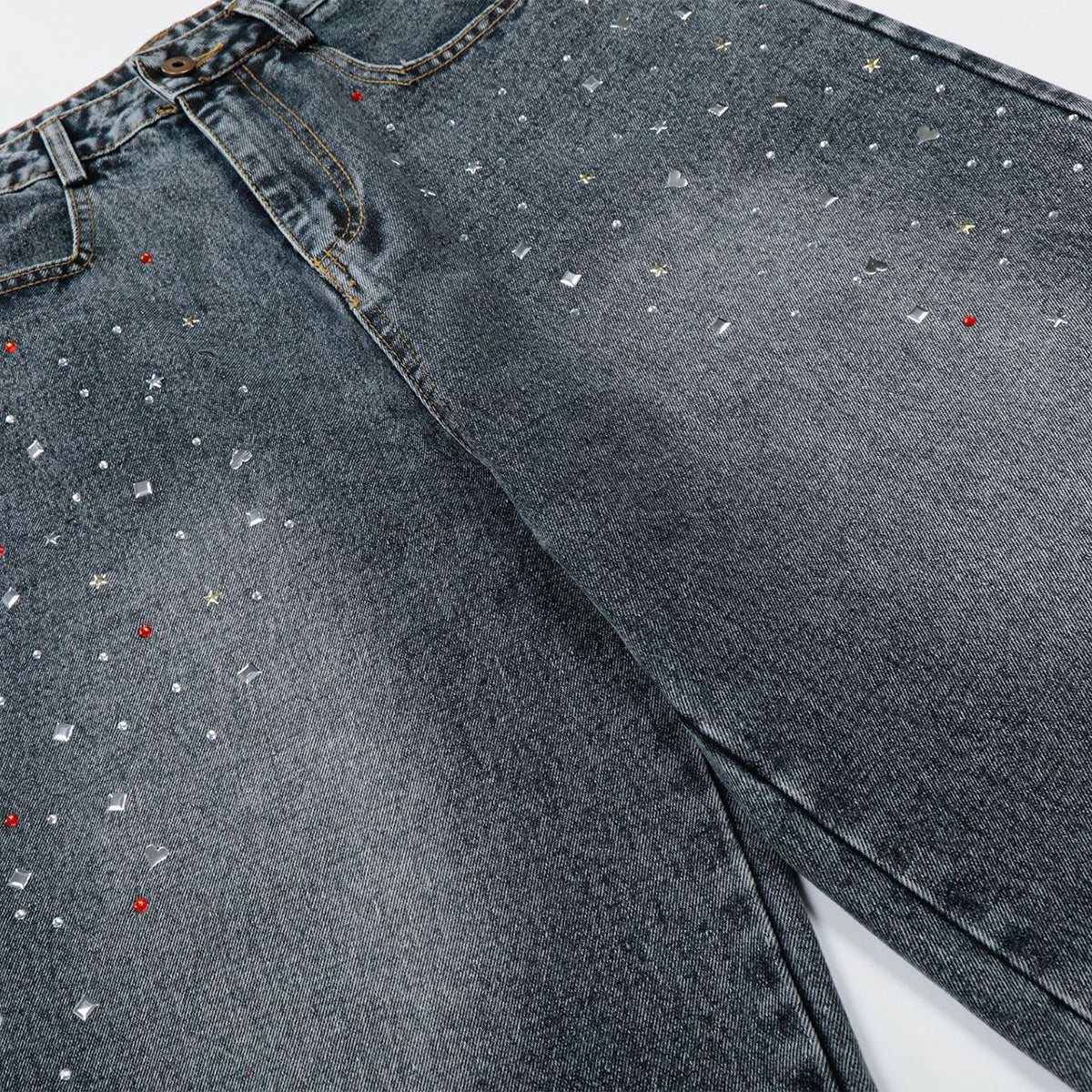 Starry Denim Bermuda Shorts Distressed Wash Colorful Accents