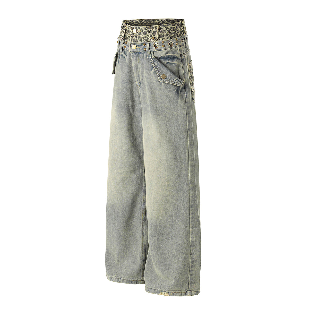Wide Leg Denim Pants Leopard Print Waistband Stud Accents