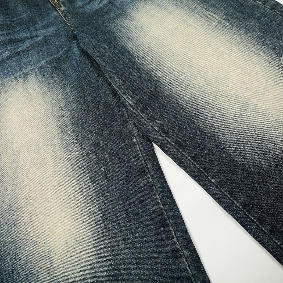 Faded Whisker Detailing Distressed Wide Leg Denim Jeans