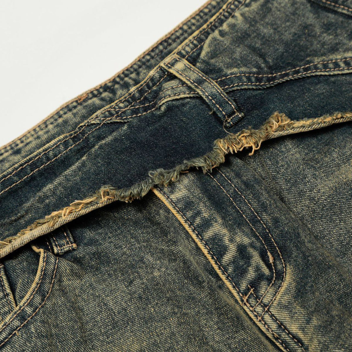 Distressed Wide Leg Denim Pants Asymmetrical Layered Waist