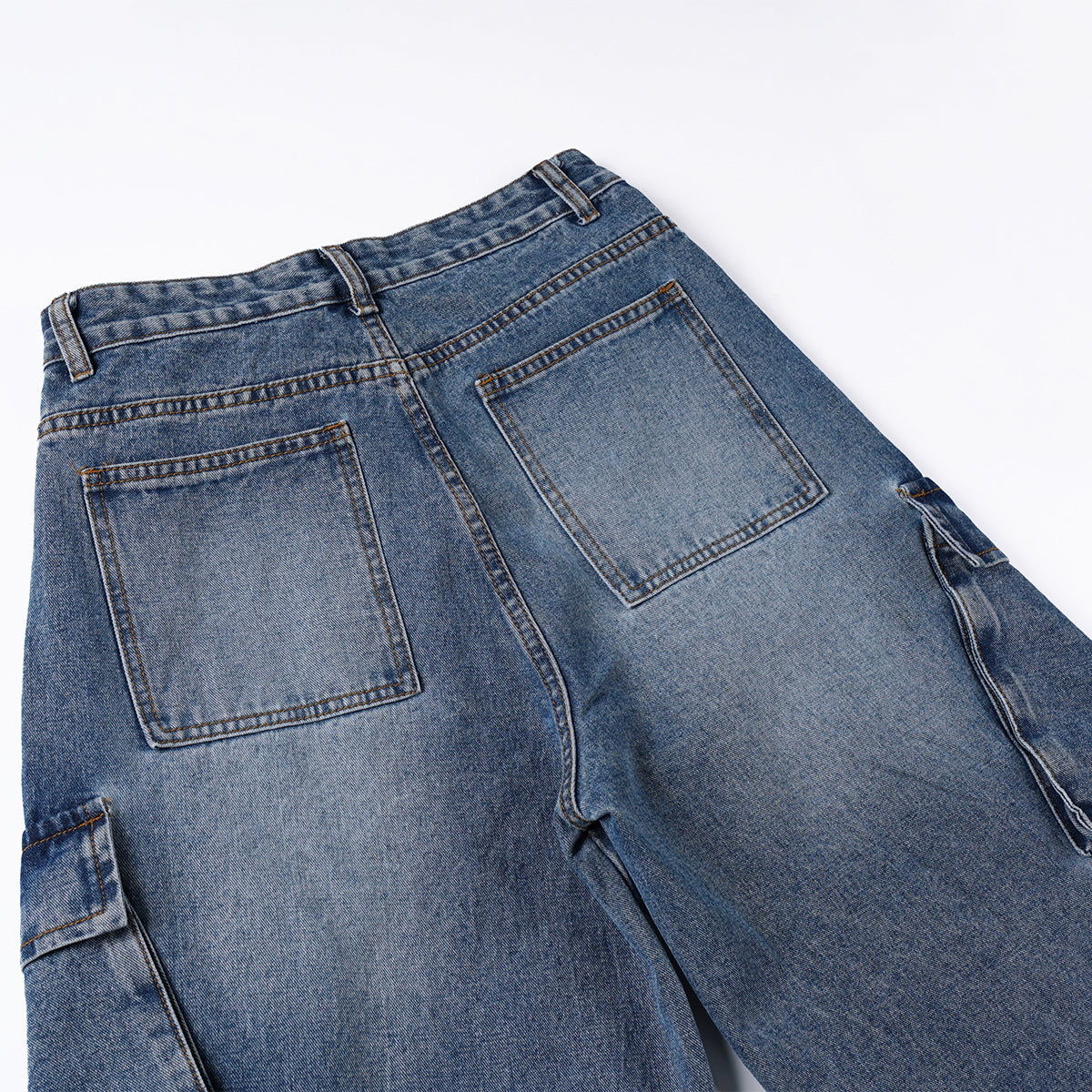 High Waisted Cargo Denim Pants Oversized Pockets Vintage Wash