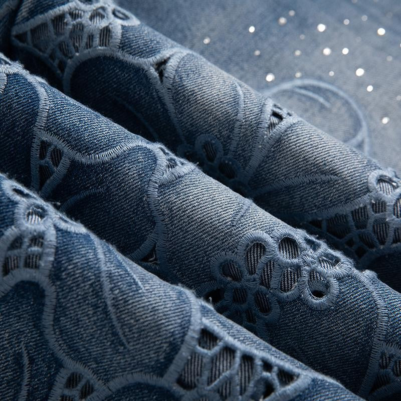 Rhinestone-Transferred & Embroidered Cut-Out Jeans