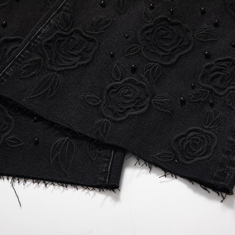 Rose Embroidered Lace-Cut Jeans with Pearl Beading