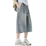 Drawstring Waist Washed Cropped Denim Pants