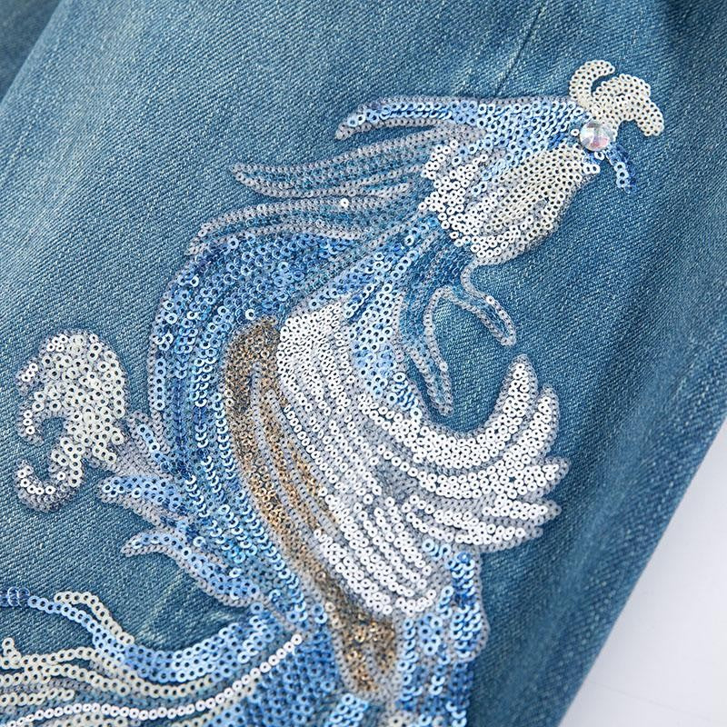 Phoenix-Embroidered Sequin Tapered Ankle Jeans