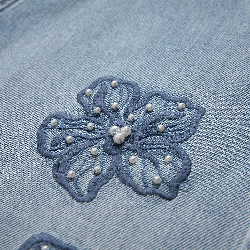 Floral Embroidered Pearl-Beaded Cut-Out Jeans