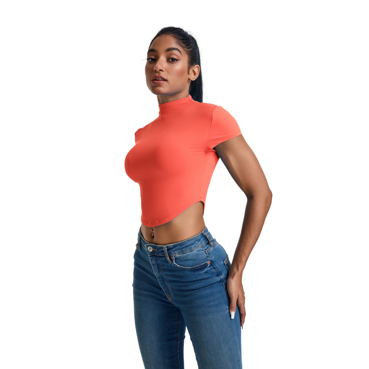 Mock Neck Curved-Hem Crop Tee