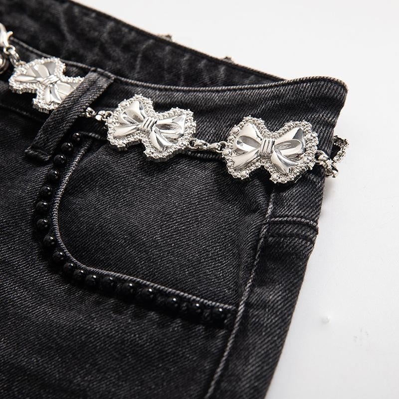 Pearl-Beaded & Rhinestones-Transferred Embroidered Jeans