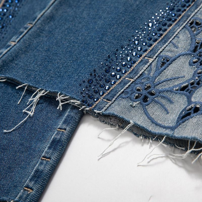 Floral-Embroidered Cut-Out Jeans with Rhinestones