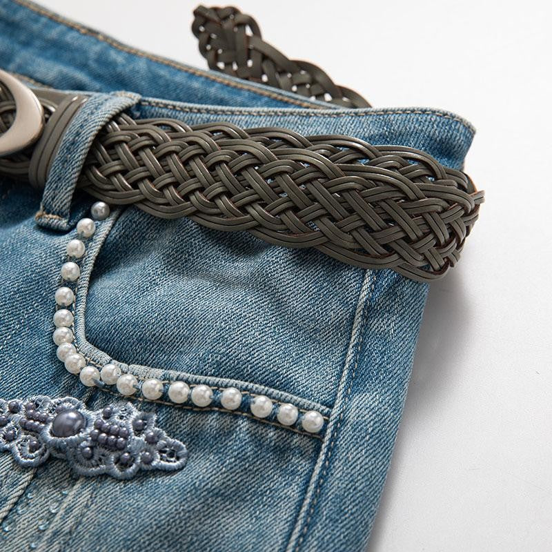 Pearl-Frog Embroidered Wide-Leg Jeans