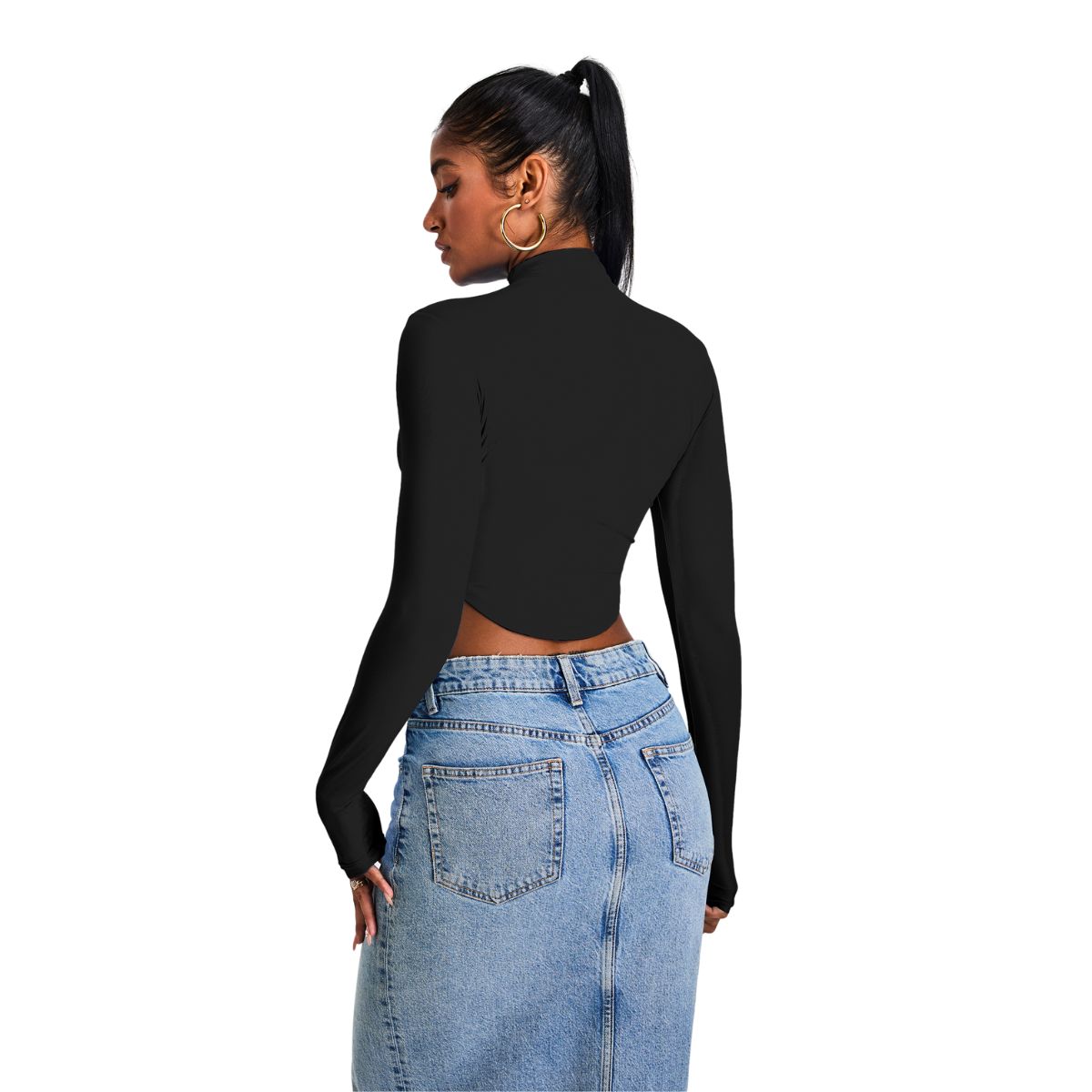 Mock Neck Curved-Hem Long-Sleeve Top