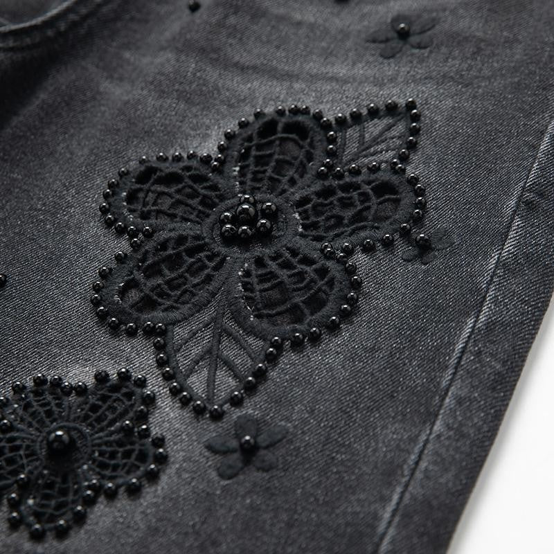 Pearl-Embellished Floral Embroidered Cut-Out Jeans