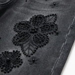 Pearl-Embellished Floral Embroidered Cut-Out Jeans