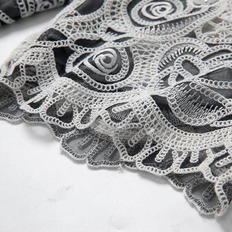 Pearl & Rhinestone Lace-Cut Denim Shorts