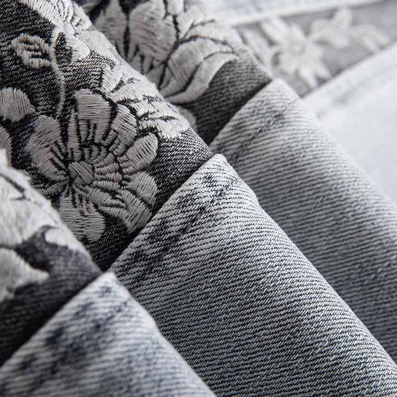 Patchwork Pearl-Frog Closure Embroidered Jeans