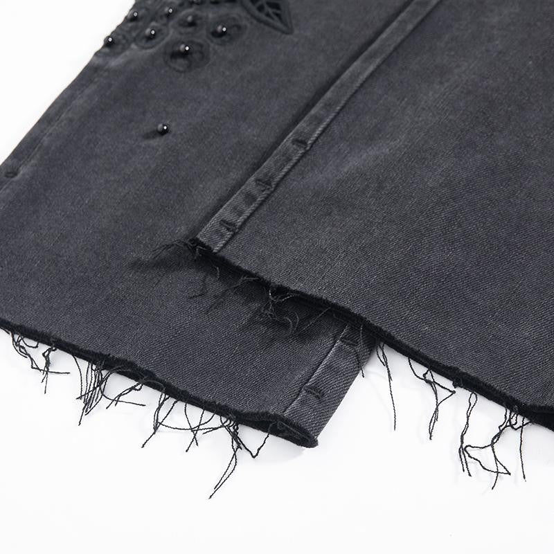 Pearl-Embellished Floral-Embroidered Whisker Jeans