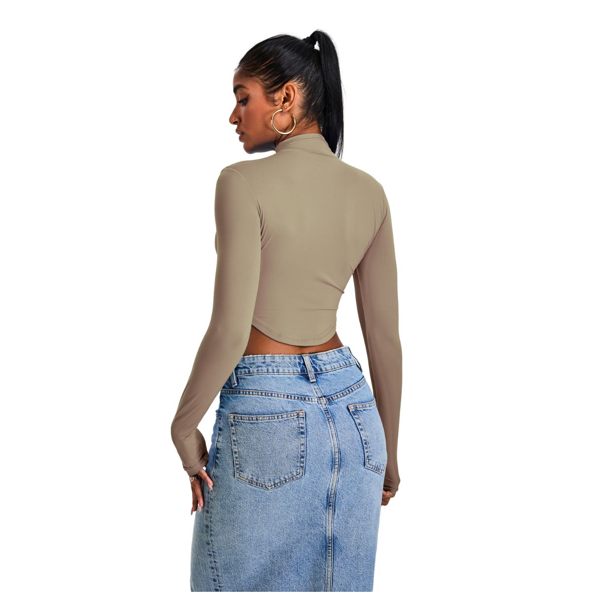 Mock Neck Curved-Hem Long-Sleeve Top