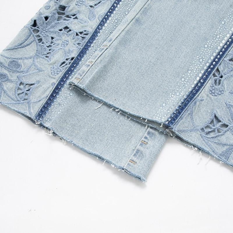 Lightweight Rhinestone & Embroidered Cut-Out Jeans