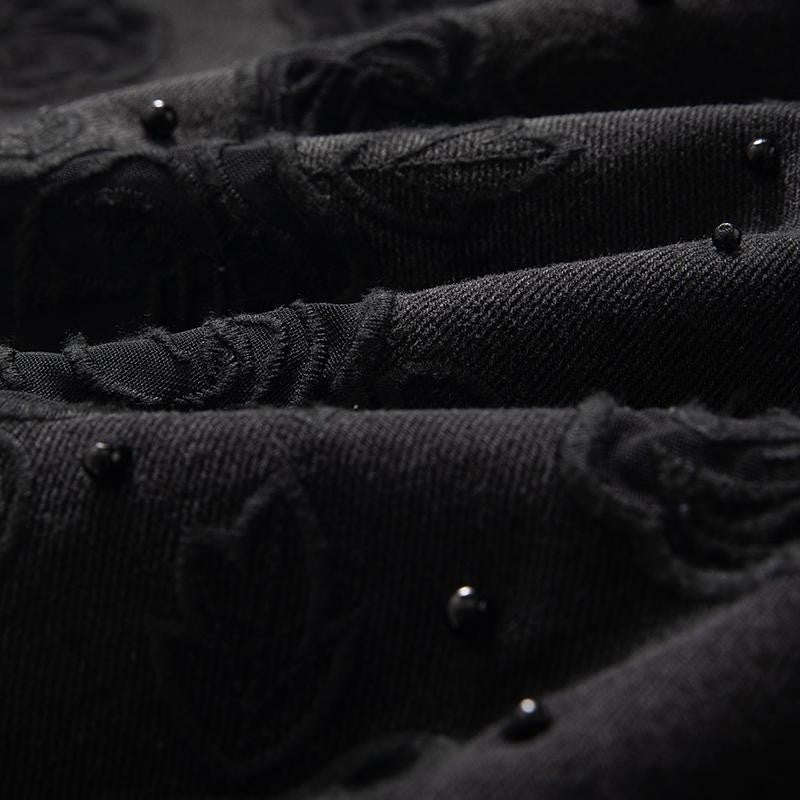 Rose Embroidered Lace-Cut Jeans with Pearl Beading