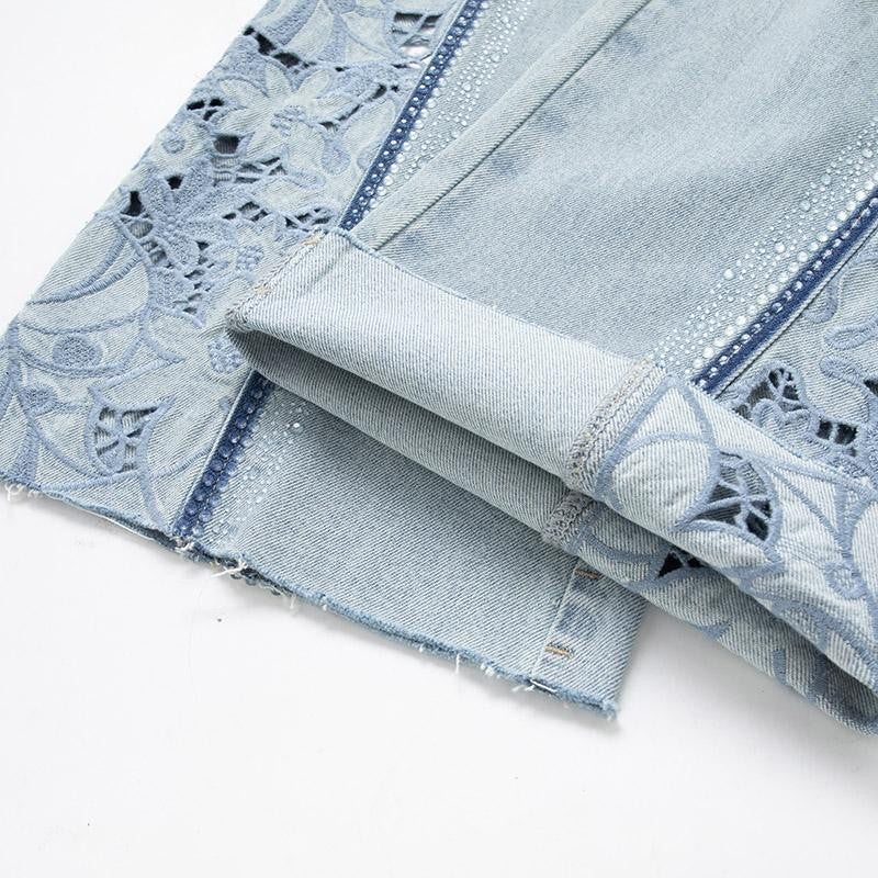 Lightweight Rhinestone & Embroidered Cut-Out Jeans