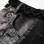 Raw-Edge Hem Heavily Embroidered Denim Skirt