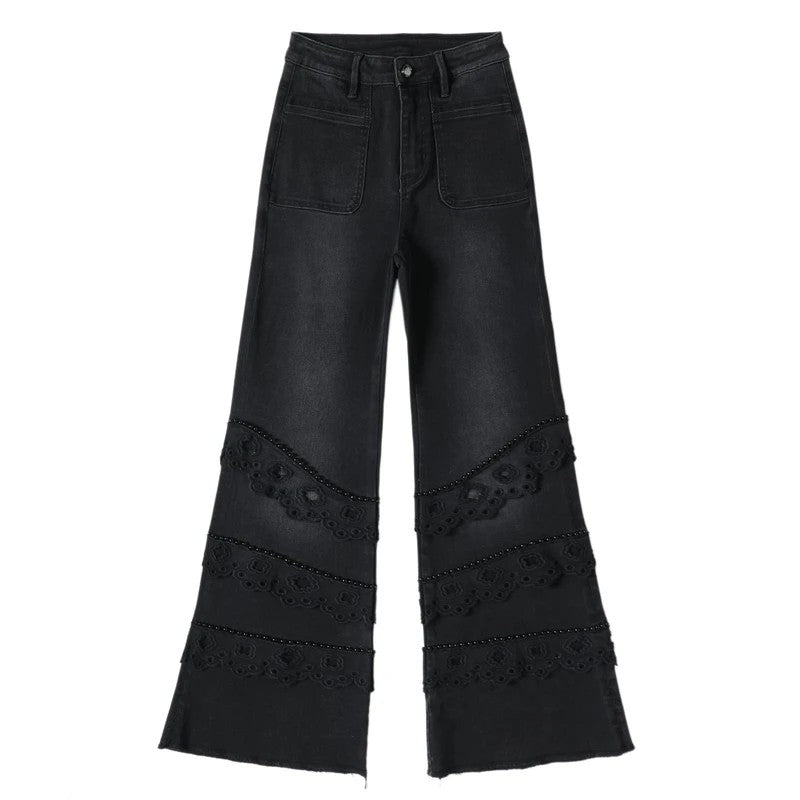 Pearl-Embellished Embroidered Patchwork Cut-Out Jeans