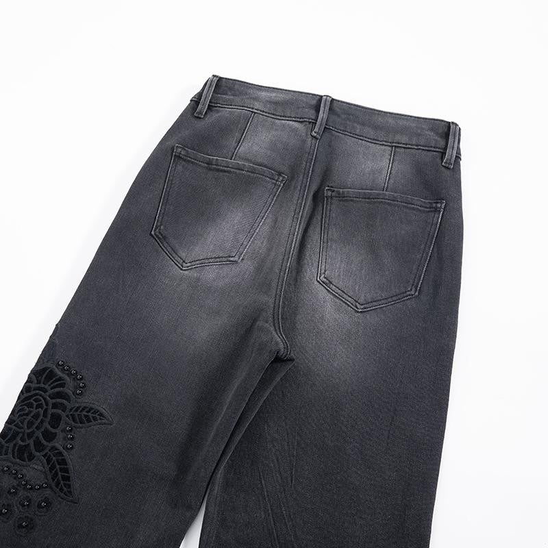 Pearl-Embellished Floral-Embroidered Whisker Jeans