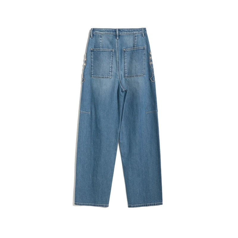 Pearl-Embellished & Butterfly-Embroidered Baggy Jeans