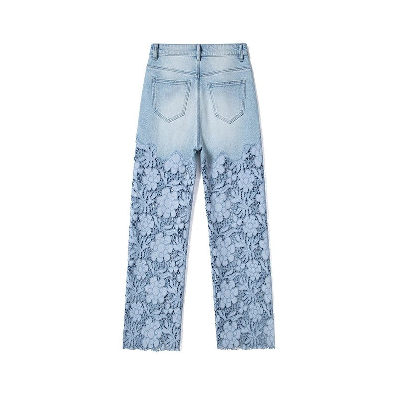 Embroidered Cut-Out Pearl Rhinestone Ankle Jeans