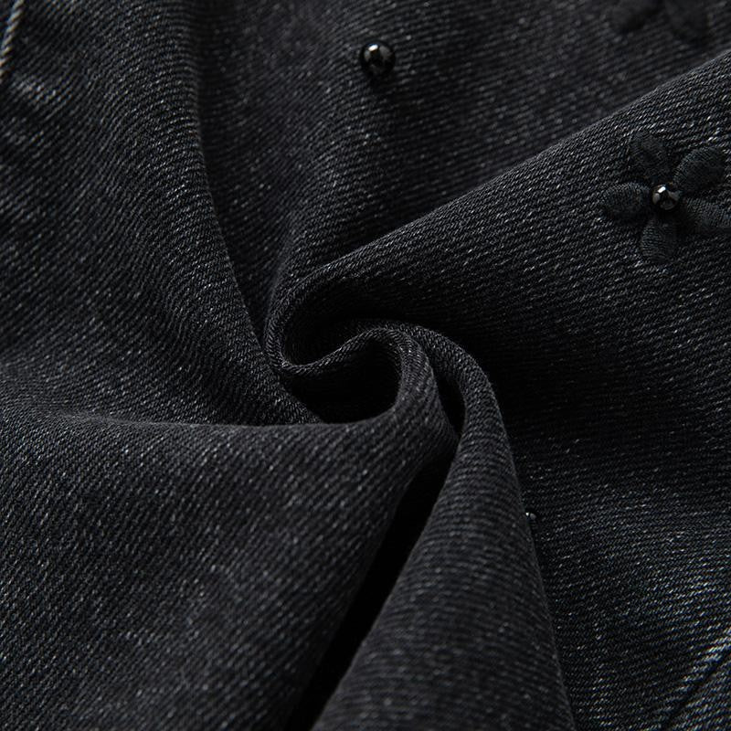 Pearl-Embellished Floral Embroidered Cut-Out Jeans