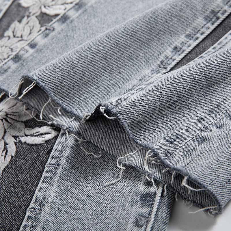 Patchwork Pearl-Frog Closure Embroidered Jeans