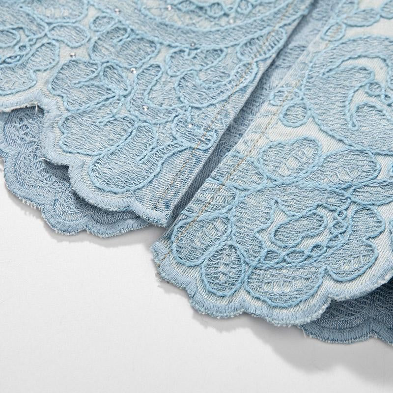 Heavy-Embroidered Rhinestone Denim A-Line Skirt