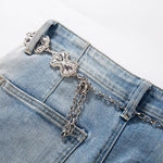 Raw-Edge Hem Heavily Embroidered Denim Skirt